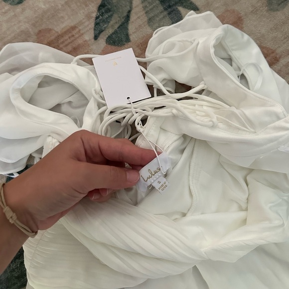 LULU’S Heavenly Romance White Pleated Flutter Sleeve Lace Up Maxi Dress - Picture 6 of 6